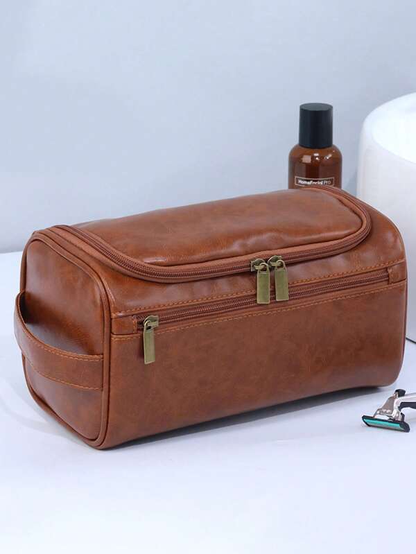 1pc Men's Multi-Functional Waterproof Travel Brown PU Leather Dual Layer Toiletry Bag - Spacious And Durable Shaving Bag, Ample Capacity - Suitable For Personal Care & Hygiene Essentials, Business Travel & Vacation Toiletries, Summer Travel Necessities, Beach Holiday, School Supplies, Dorm Essentials, Back To School