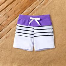 PP Family Matching Colorblock Stripe Swim Trunks Or Purple Tie Halter Scallop Trim Swimsuit - 紫色 - 查看 6