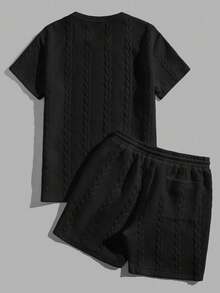 Conjunto de dos piezas para hombre de camiseta de manga corta con cuello redondo y pantalones cortos con cordón de ajuste - Negro - Ver 2