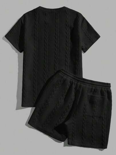 Conjunto de dos piezas para hombre de camiseta de manga corta con cuello redondo y pantalones cortos con cordón de ajuste