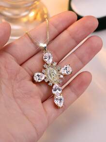 1 Pc Vintage Oval Virgin Mary Cubic Zirconia Cross Pendant Necklace Copper Jewelry