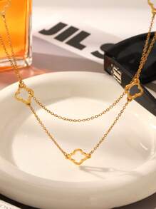 1pc, 18k Golden Plated, Stainless Steel Hollow Clover Double Necklace, Women's Classic Luxury Stainless Steel Jewelry, Wedding Graduation Gifts
