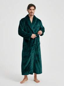 1pc Couple's Warm Flannel Shawl Neck Loose Casual Soft Thermal Lined Long Sleeve Fluffy Robe With Pockets, Suitable For Home Wear, Autumn/Winter, Fall, For Christmas, Cozy