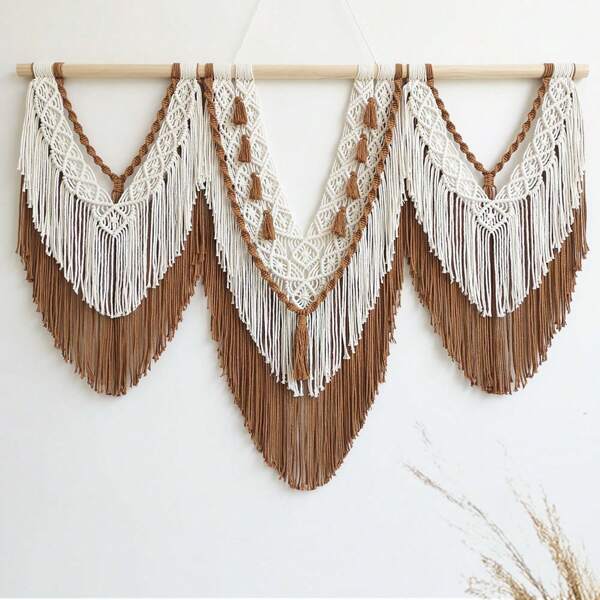 1pc Macrame Wall Hanging, Boho Style Tassel Decor Tapestry, Wooden Stick Woven Large Background Headboard Blanket
