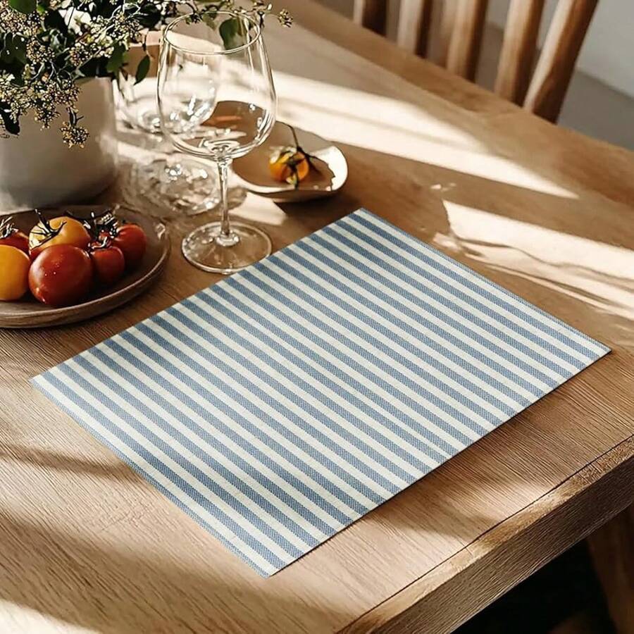 JINCHAN Linen Floral Fall Placemats Set Of 4 Cloth Table Mats Rustic Cottagecore Jacobean Outdoor Seasonal For Kitchen Dining Table Decor Non-Slip Washable Tablemats 13x19 Inch Green - 條紋 | 藍色 - 查看 1