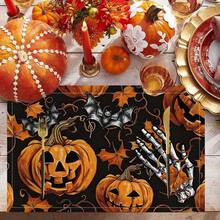 1/4/6 件万圣节系列、南瓜、骷髅手、蝙蝠印花装饰餐垫，适用于派对、厨房、餐桌装饰、桌垫/咖啡杯杯垫，100% 亚麻印花，可手洗 - 非常适合餐桌、餐厅、生日和派对装饰、家居装饰 - ZYMCD-287 - 查看 4