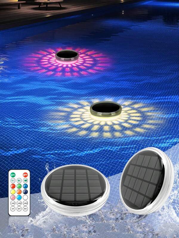 2 Stück Solar aufladbare schwimmende Pool Leuchten, mit Fernbedienung, 9 Beleuchtungsarten, Zeitsteuerung, IPX7 wasserdicht, geeignet für Erdpool, Badezimmer, Badewannen, Schwimmbäder, Halloween, Hochzeitspartys