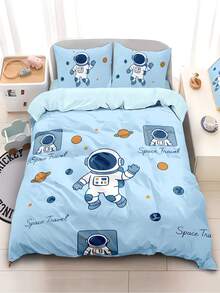 Astronaut Exploration Theme Duvet Cover Set, Cartoon Animal Hippo Bedding Set For Boy Girl Room Decor, 4pcs 1 Duvet Cover + 2 Pillowcases + 1 Flat Sheet, No Fill - D - View 4