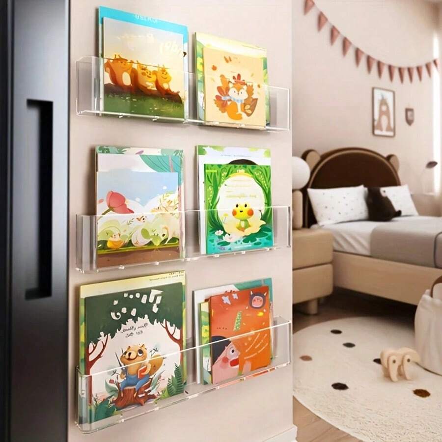 壁挂式图书收纳架、图书展示架、婴儿图画书架、透明、含背胶、教室收纳、卧室收纳、儿童图书展示和收纳、婴儿必需品
