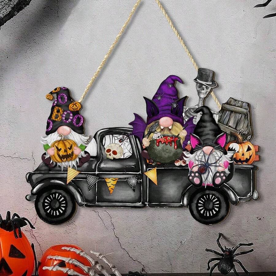 Halloween Tür-Dekoration Willkommens-Hängeschild, Frohe Halloween Veranda Schild Kranz Dekoration, Zwerg Lastwagen Holz Türschild für Haus Fenster Wand Dekoration