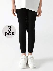 4/3/1pcs Set Girls Plain Color Vertical Striped 7/8 Length Leggings, Elastic Fitted Full Length Tights, All Season Casual Yoga Pants, Cute Sports Style Suitable For Students Daily Wear, Soft & Comfortable, Versatile, Back To School Season - Multicolor - View 13