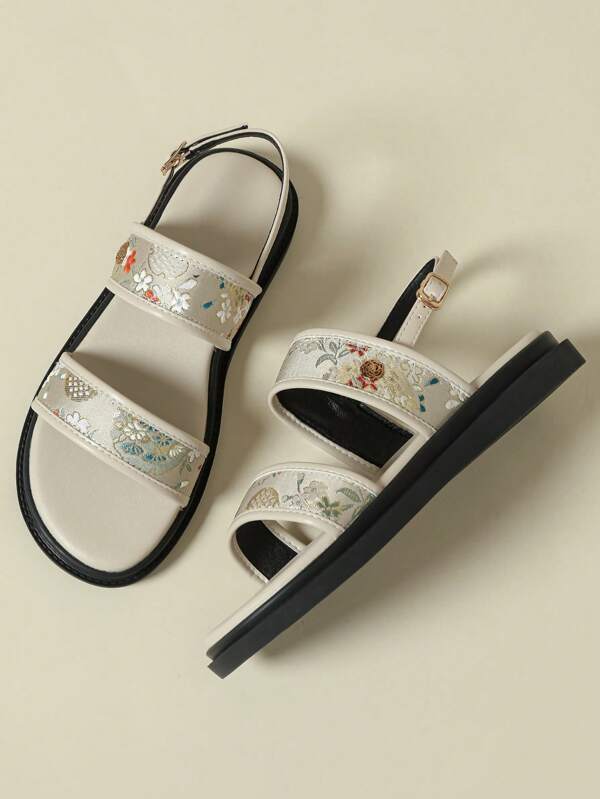 Sandalias de plataforma con correa y hebilla para mujer, con estampado floral bohemio colorido y vintage, cómodas y antideslizantes de punta abierta, nuevas cuñas de verano que no cansan los pies, de moda para uso en exteriores y playa, primavera/otoño 2025, con bordado de botón y floral asimétrico, zapatos casuales deportivos con correa estilo romano, tallas grandes para mujer del 41 al 43