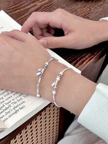 1pc Dainty Blue Whale Design Ladies Bracelet With Silver Charms, Personal Style Accessories - Silver - View 5