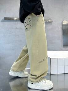 Pantaloni di cotone a gamba dritta per ragazzi con ricamo sulla tasca posteriore, adatti per uso quotidiano, scuola, all'aperto, casual, autunnali