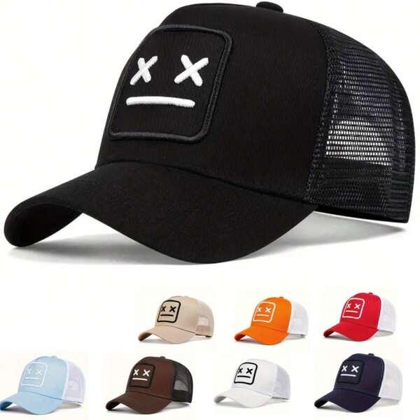 1 Stück Herren Baseball Kappe mit gesticktem lächelndem Gesicht, modische verstellbare Trucker Mütze, geeignet für Outdoor, Reisen, Strand, Frühling & Herbst