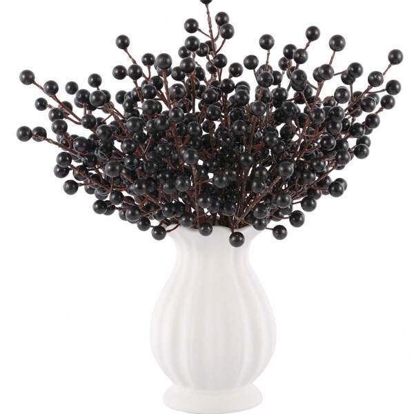 10/2Pcs 20cm 7.87 Inch Artificial Black Foam Small Berry Stems, Christmas Imitation Holly Berry Branch Ornaments For Christmas Tree Wreath DIY Flower Arrangement Handmade Crafts Making Decorative Supplies, Desktop Vase Decoration, Wedding Bouquet Making, Halloween, Theme Party Gift Decoration,Fake Plants