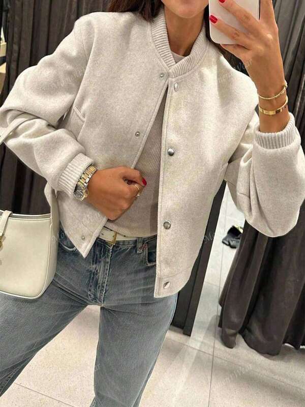 Fashionable Gray Baseball Jacket - Casual Short Outerwear