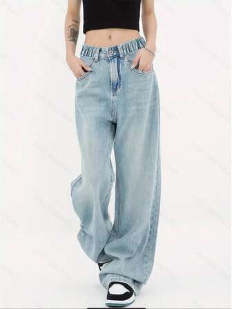 青少年女孩高街美式水洗阔腿牛仔裤，休闲宽松直筒裤，紧身版型
