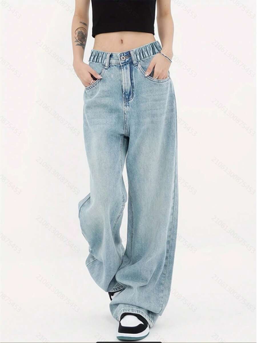 青少年女孩高街美式水洗阔腿牛仔裤，休闲宽松直筒裤，紧身版型