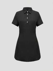 Nouvelle robe courte élégante et simple à col cranté et boutonnage simple, style printemps et été, coupe minceur, pour femmes, couleur noire - Noir - Voir 4