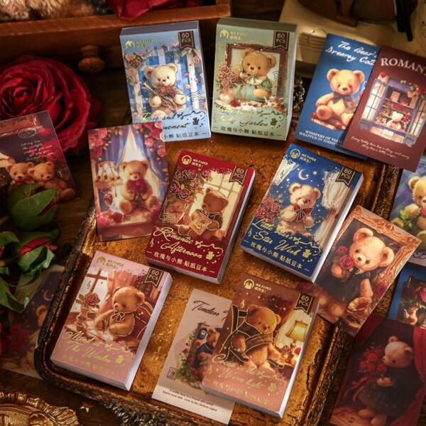 دفتر ملصقات ديكور ذو موضوع رومانسي بسلسلة الوردة والدب، مواد تخطيط صغيرة، لوازم مدرسية، عودة إلى المدرسة