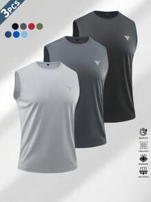 3er Pack Herren ärmellose Sport Weste Einfarbig, Stier Kopf Aufdruck, Rundhals-Tanktop, lässige Outdoor Fitness Trainingskleidung, einfarbige ärmellose Herrensportbekleidung, geeignet für Gym, tägliches Training, Laufen, Basketball und Zuhause