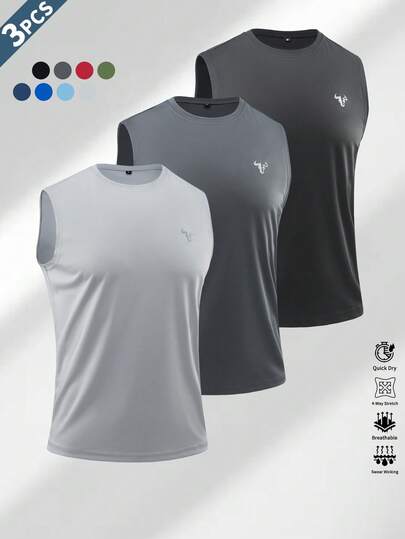 3件装男士纯色无袖运动上衣，牛头印花，圆领背心，休闲户外健身运动服，纯色无袖男士运动服，适合健身房、日常锻炼、跑步、篮球和居家穿着。