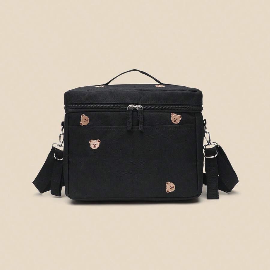 1pc Embroidered Multi-Bears Insulated Baby Stroller Storage Bag, Thermal Bag, Cooling Bag, Can Be Hung On Baby Stroller - Black - View 1