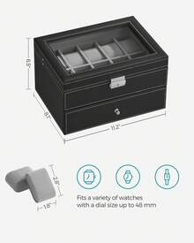 20-Slot Watch Box, Watch Case With Glass Lid, 2 Layers, Lockable Watch Display Case, Black Synthetic Leather - 黑色+灰色 - 查看 6