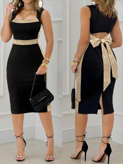 ChicMe Vestido midi sexy y elegante para cóctel y fiesta nocturna, con cuello cuadrado, sin mangas, espalda hueca, cintura con lentejuelas y lazo, y abertura lateral para mujer