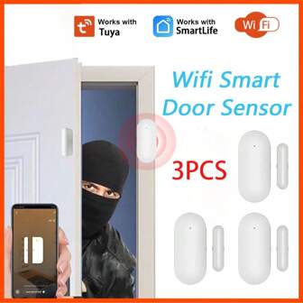 3 Piezas Sensor de Puerta WiFi Tuya, Detector de Puerta Abierta y Cerrada, Interruptor Magnético de Sensor de Ventana, Funciona con la aplicación Smart Life