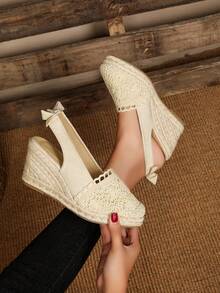 Woven Closed Toe Bun Holder Elastic Bowknot Rope Decor Stylish Lightweight Casual Women Wedge Slides - Beige - View 3