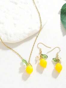 3pcs/Set Summer Fresh & Sweet Girl Lemon Necklace & Earrings, Floral, Leaf, Fruit Pendant Necklace & Earring Jewelry Set - Multicolor - View 3