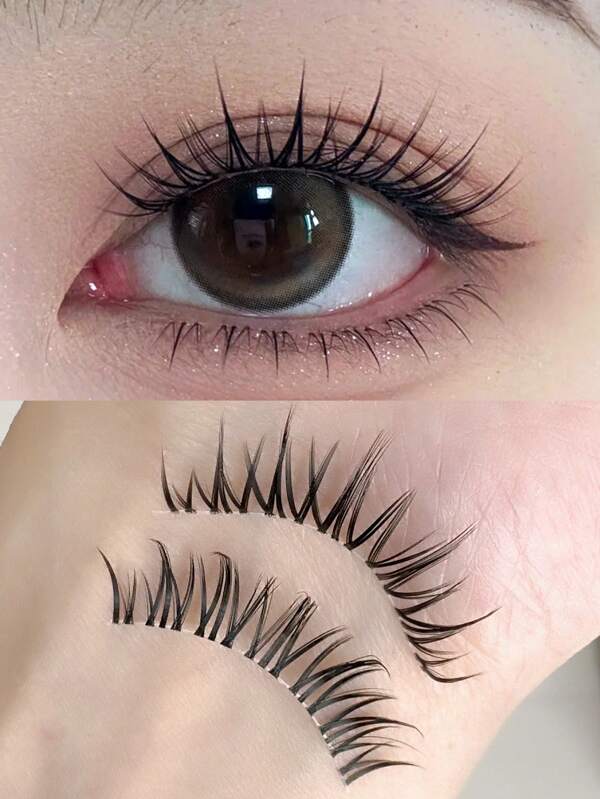 5 Pairs Cartoon Style Pointed False Eyelashes, Full Strip One-Piece Eyelashes, Anime Style Lashes, Thick & Transparent Stem Invisible False Eyelashes 10-14mm