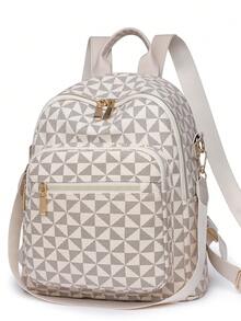 时尚女士双肩包设计，菱形绗缝大容量双肩包，休闲单肩包，通勤包，学生背包，妈妈包 - 白色 - 查看 8