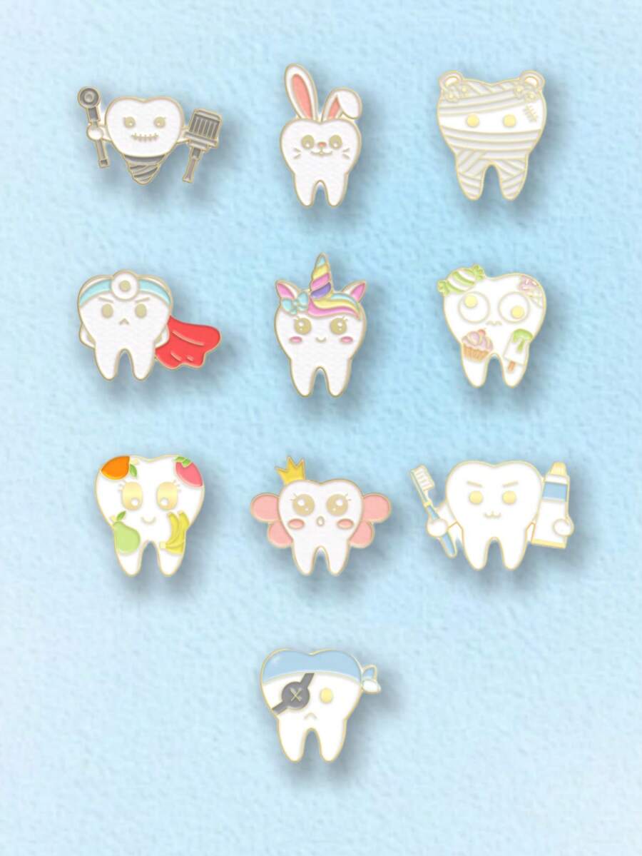 1/10 Stücke witziger, kreativer Zahnpflege Cartoon Email Anstecknadel, vielseitiges Modeaccessoire für Kleidung & Taschen - Verschiedenfarbig - Übersicht 1