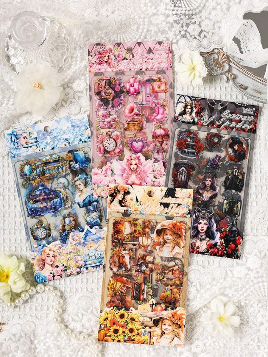 6张/24张PET材质贴纸，防水手账贴纸，模切贴纸，复古贴纸，剪贴簿用品，奇幻，美丽，花卉，汽车，人物，家居，豪宅图案 - 彩色 - 查看 1