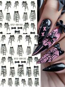 2 件浮雕黑色蜘蛛网蝴蝶结万圣节美甲贴纸可爱哥特式华丽蜘蛛网丝带指甲滑块美甲用品装饰 - 彩色 - 查看 1