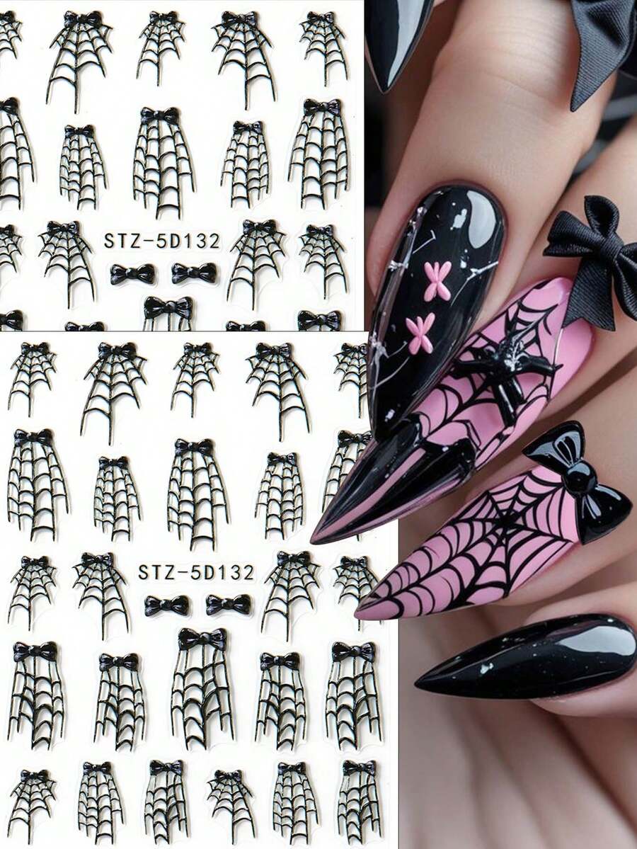 2 件浮雕黑色蜘蛛网蝴蝶结万圣节美甲贴纸可爱哥特式华丽蜘蛛网丝带指甲滑块美甲用品装饰 - 彩色 - 查看 1