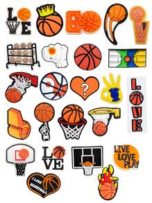 24 piezas de la Serie de Premios Grandes de Locura del Baloncesto, accesorios de moda desmontables y lavables, cada paso brilla con estilo. Calzado de PVC con tema de baloncesto, que incluye elementos como balones de baloncesto, canastas, corazones, trofeos, etc., así como palabras como "AMAR" y "VIVIR AMAR JUGAR".