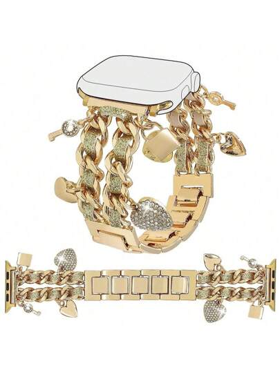 1pc Fashion Apple Watch Strap Metal Double Chain Pendant Watch Strap For Women, Compatible With Apple Watch Series 10/9/8/7/SE/6/5/4, 38mm 40mm 41mm 42mm 44mm 45mm 46mm 49mm, Smart Watch Band For Her Bracelet Wristband As Gift, Gift For Girlfriends, Adjustable Apple Watch Strap