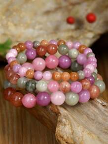 Pulsera de piedras naturales color rosa primaveral, set de pulsera de estilo bohemio con perlas de sunstone, cuarzo rosa y lepidolita, cadena de cristales de equilibrio energético para yoga, apta como regalo para mujeres