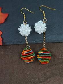 Handmade Long Tassel Rainbow Ball Floral Drop Earrings, Boho Vacation Style Vintage Elements, Suitable For Daily Life, Work, Stage, Street Photography, Women