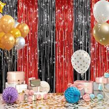 2Pack Silver Metallic Tinsel Foil Fringe Curtains, Door Streamer Photo Booth Backdrop Birthday Wedding, Graduation Engagement Bridal Shower Bachelorette Party Decorations Dancing Ball Party - 黑紅色 - 查看 6