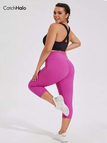 Plus Size Women's 4 Way Strength Capri Leggings, Reflective Badge, High Waist, High Stretch, Tummy Control, Summer Gym Yoga - 玫紅色 - 查看 9