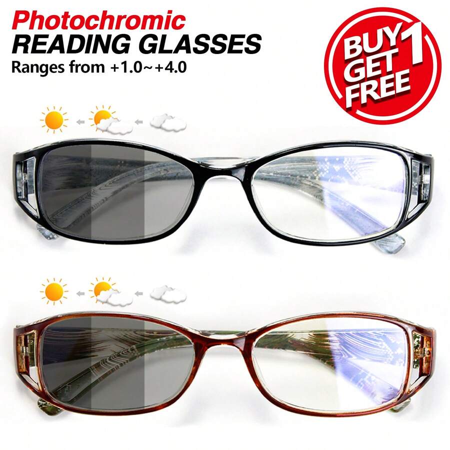 2 件套时尚印花轻质空心方形老花镜，变色，方便室内/室外使用