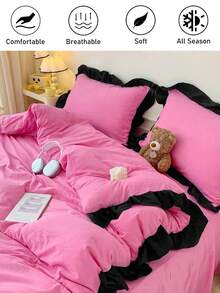 3pcs Bright Pink Polyester Duvet Cover Set, Black Ruffle Lace, Modern Cute Bedding Set, King Size, Suitable For All Seasons, Soft & Breathable (1 Duvet Cover + 2 Pillowcases, Excluding Filler) - Hot Pink - View 2
