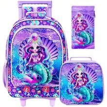3 件套女童滚轮背包，儿童美人鱼背包带滚轮，带午餐盒的轮式书包，适合小学幼儿