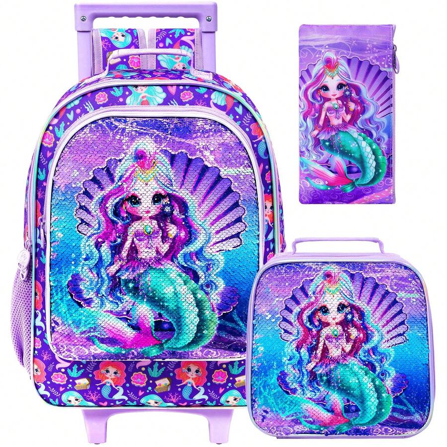 3 件套女童滚轮背包，儿童美人鱼背包带滚轮，带午餐盒的轮式书包，适合小学幼儿