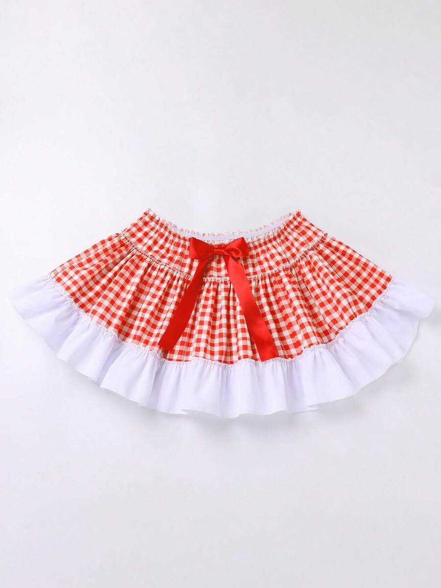 Y2k Plaid Ruffle Mini Skirt For Women Gingham Ruffle Short Fairy Princess Dress Pleated A-Line Mini Skirt - 紅色 - 查看 1